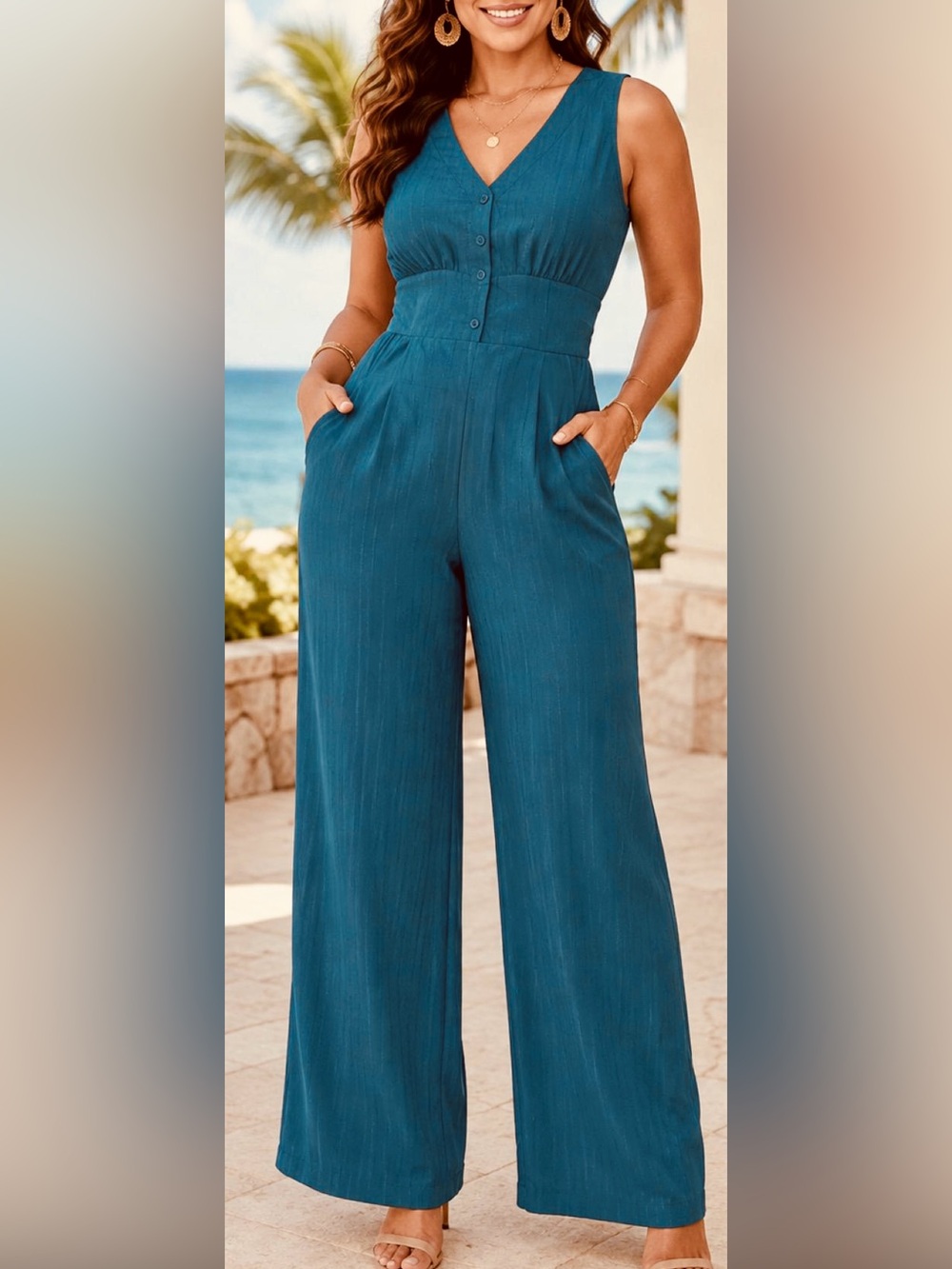 Wide-Leg Teal Jumpsuit with Pockets S